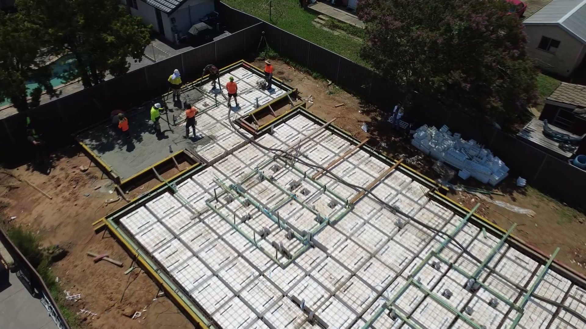 Slab steel and formwork before the pour, ready for inspection